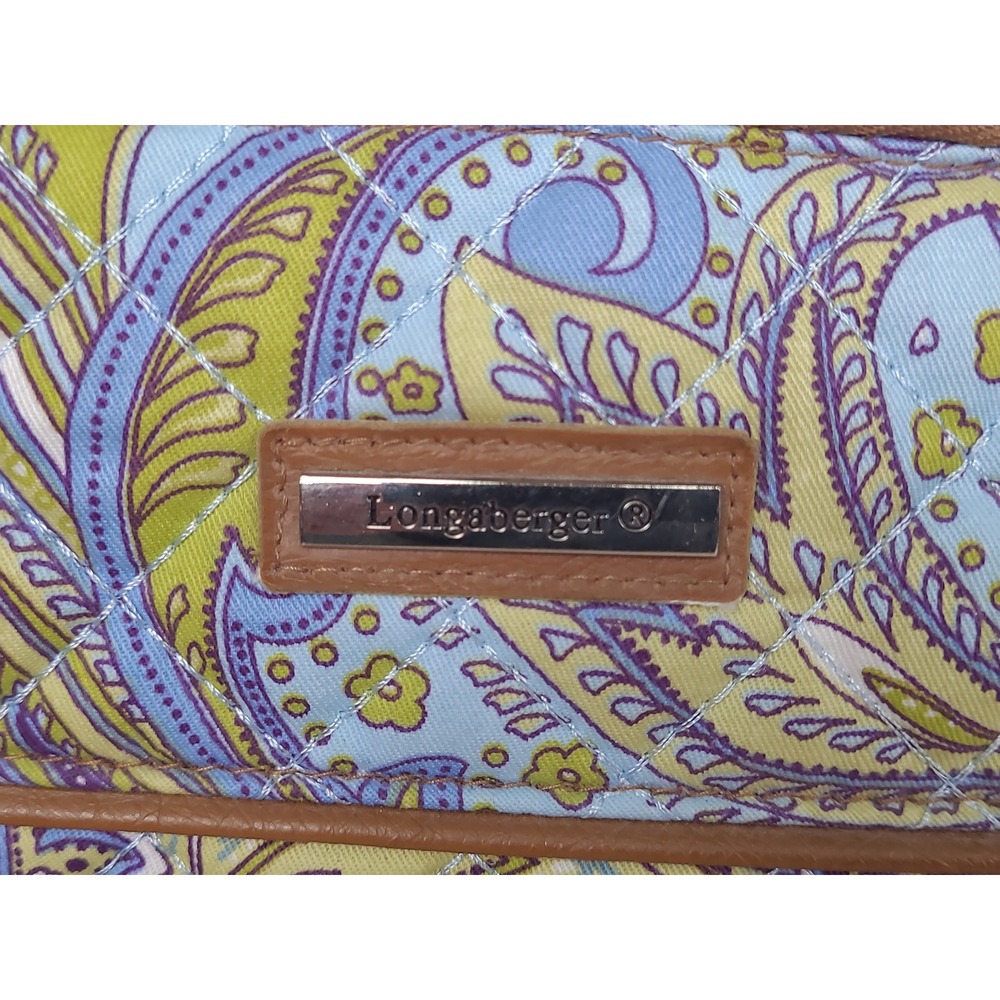 Longaberger Homestead Blue Green Paisley Quilted Tote Bag Faux Leather Trim View 3